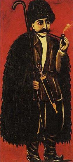 Niko Pirosmanashvili Shepherd in a Sheepskin Cloak on a Red Background